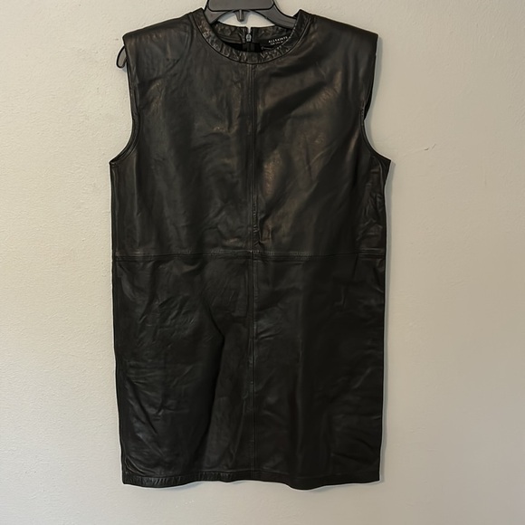 AllSaints Mika Padded Shoulder Leather shift mini dress, black, women’s size 4. - Picture 3 of 8
